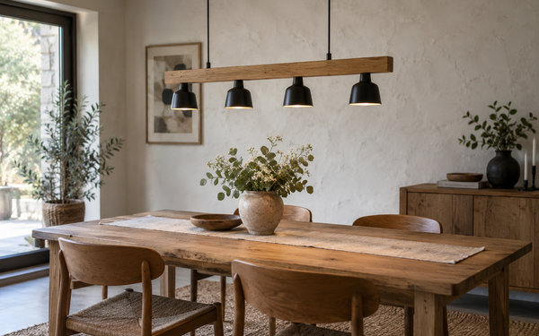 Illustration d’ambiance — Lustre bois et métal : nature et industrie en harmonie