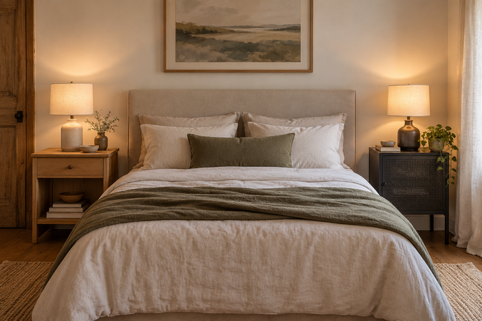 Deux chevets différents : comment harmoniser leurs luminaires ? — illustration d’ambiance