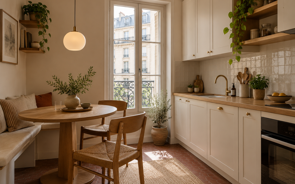 Éclairer un coin repas dans une petite cuisine — illustration d’ambiance