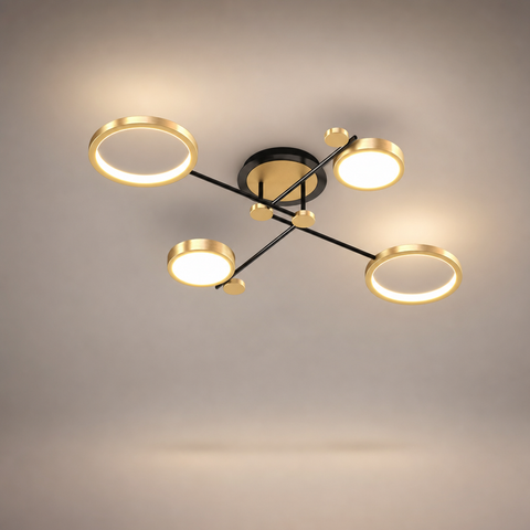 Lustre Plafonnier Anneaux Métal Noir et Laiton Épuré Design - Salon Salle à Manger — Soleo