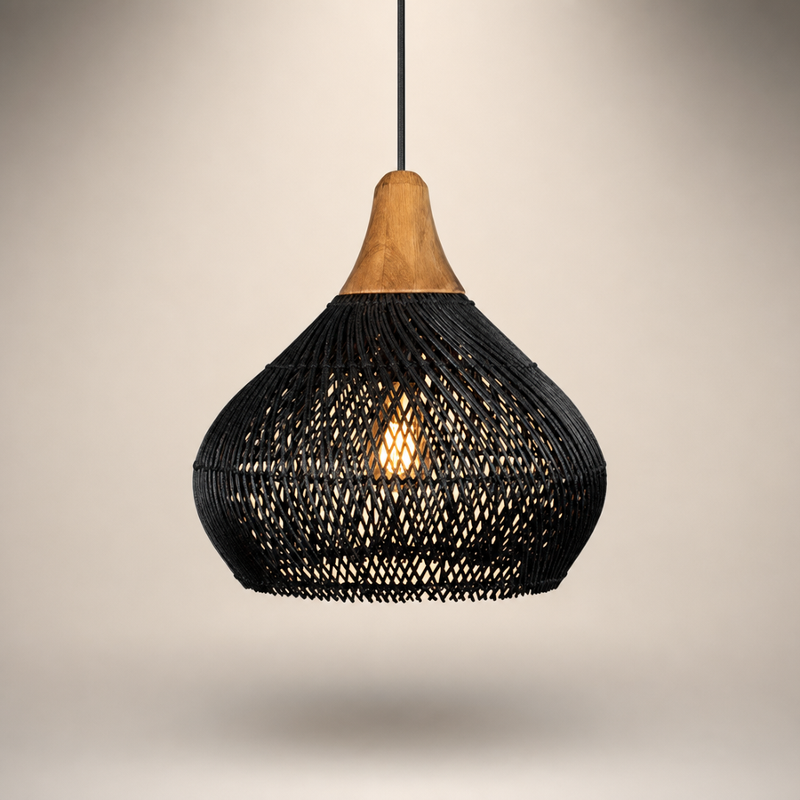 Suspension Goutte Rotin Noir et Bois Naturel - Cuisine Chambre Salon — Drops