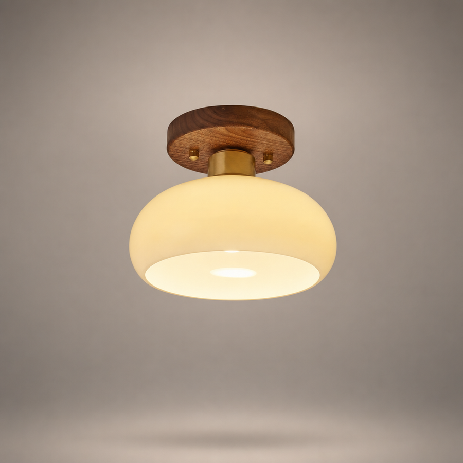 Plafonnier Dôme Verre Opalin et Bois Noyer - Salon Chambre Salle à Manger — Calotte