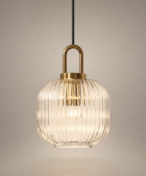 Suspension Cylindre Verre Strié et Laiton Doré - Chambre Salon Cuisine — Presto