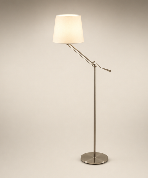 Lampadaire Bras Articulé Métal Chromé et Abat-Jour Tissu - Salon Bureau Chambre — Chapeau