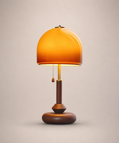 Lampe de Table Dôme Verre Ambré et Bois Sombre - Chambre Bureau Salon — Voûte