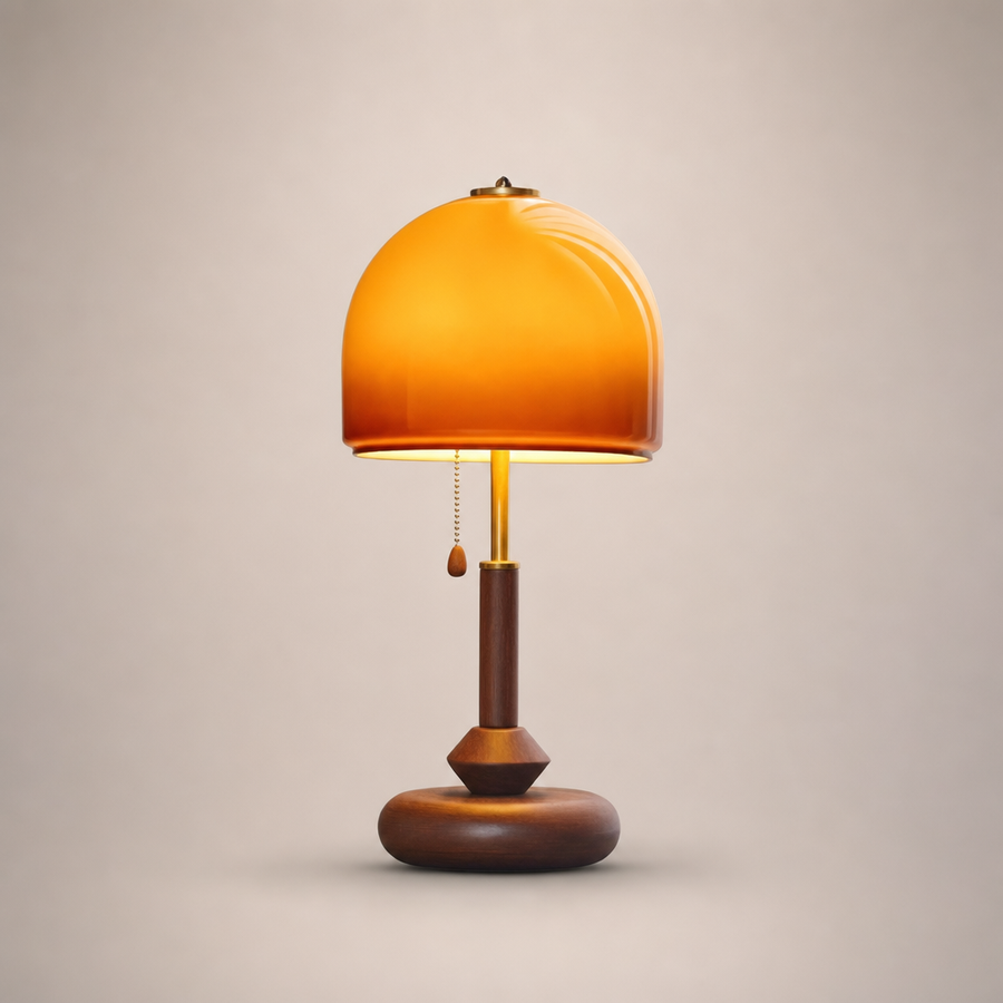 Lampe de Table Dôme Verre Ambré et Bois Sombre - Chambre Bureau Salon — Voûte