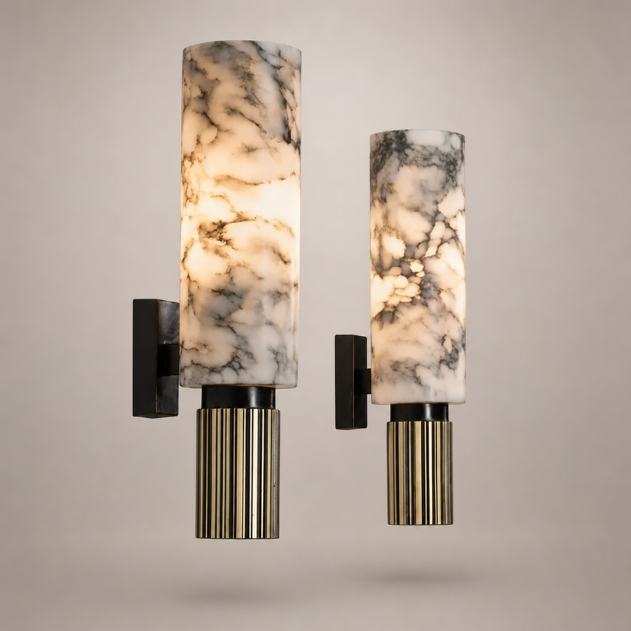 Vela Cylindre Marbre Blanc et Métal Noir