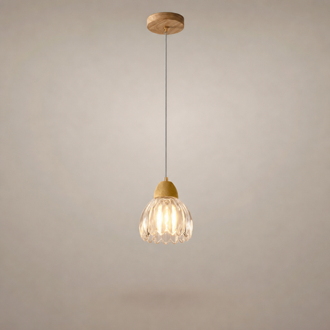 Suspension Cloche Verre Transparent et Bois Naturel - Cuisine Chambre Salon — Campanio