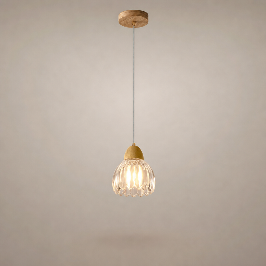 Suspension Cloche Verre Transparent et Bois Naturel - Cuisine Chambre Salon — Campanio