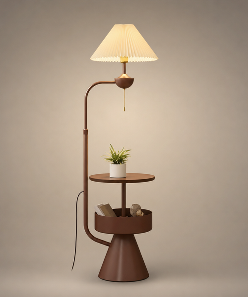 Lampadaire Tablette Métal Noir et Bois Minimaliste Design - Salon Bureau Chambre — Lumio