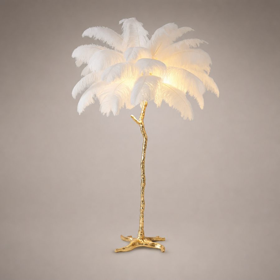 Lampadaire Feuillage Plumes Crème et Métal Doré - Salon Bureau Chambre — Folia