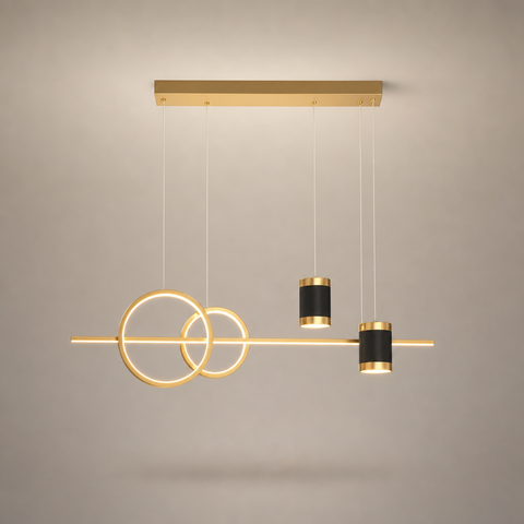 Lustre Suspension Anneaux Métalliques et Cylindres Dorés Étoilés - Salon Salle à Manger — Circo