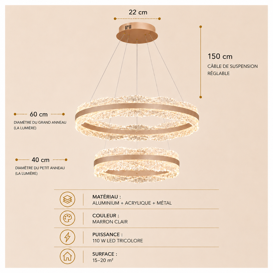 Lustre Suspension Anneaux Cristal Texturé et Métal Doré - Salon Salle à Manger — Arcus