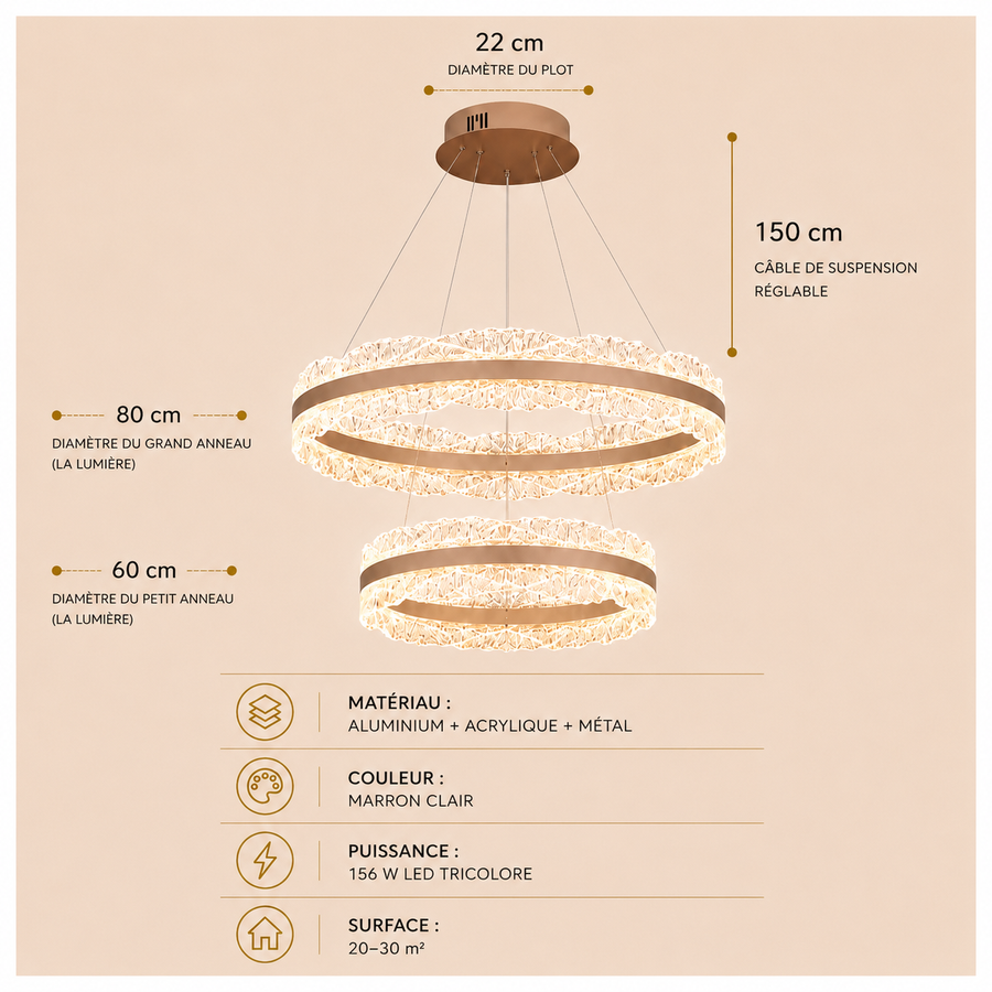 Lustre Suspension Anneaux Cristal Texturé et Métal Doré - Salon Salle à Manger — Arcus