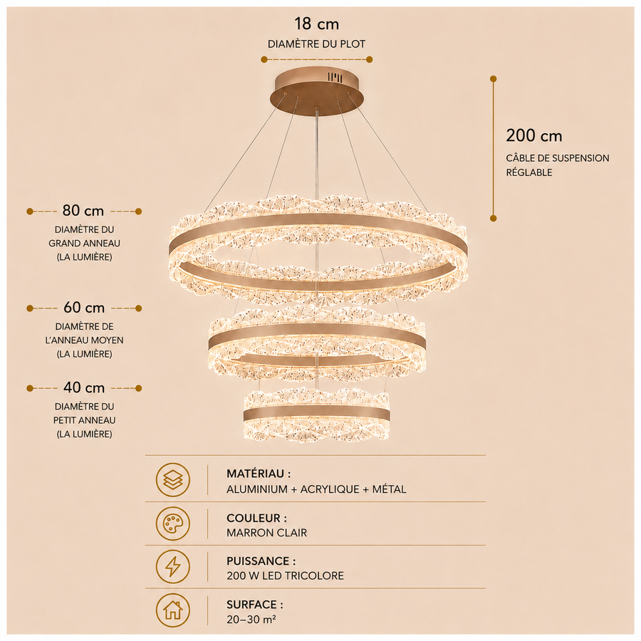 Lustre Suspension Anneaux Cristal Texturé et Métal Doré - Salon Salle à Manger — Arcus