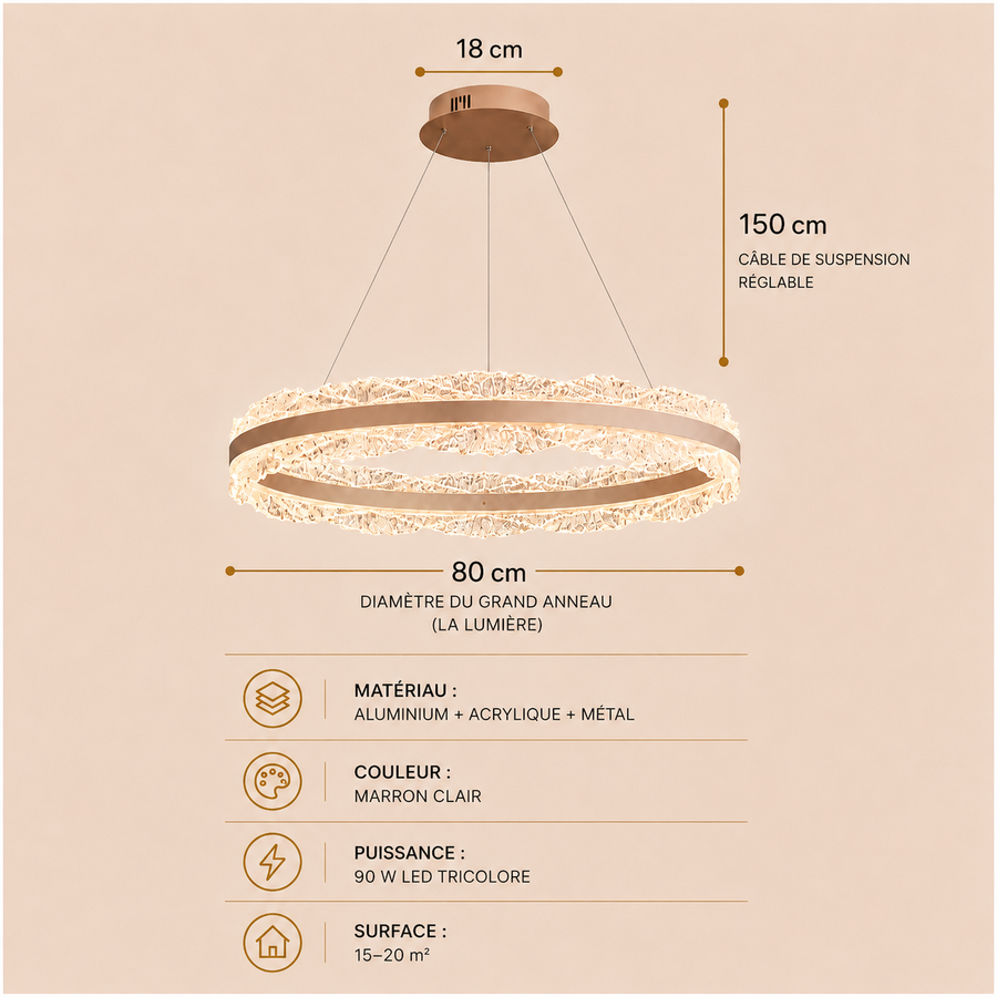 Lustre Suspension Anneaux Cristal Texturé et Métal Doré - Salon Salle à Manger — Arcus