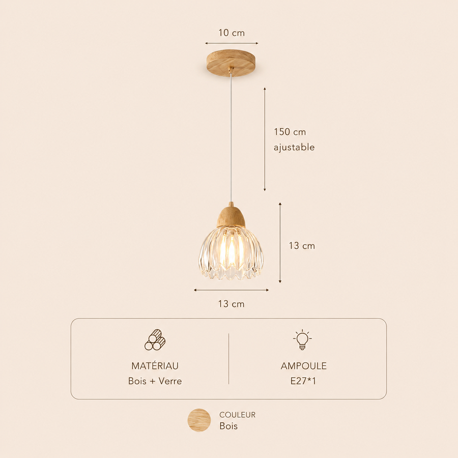 Suspension Cloche Verre Transparent et Bois Naturel - Cuisine Chambre Salon — Campanio