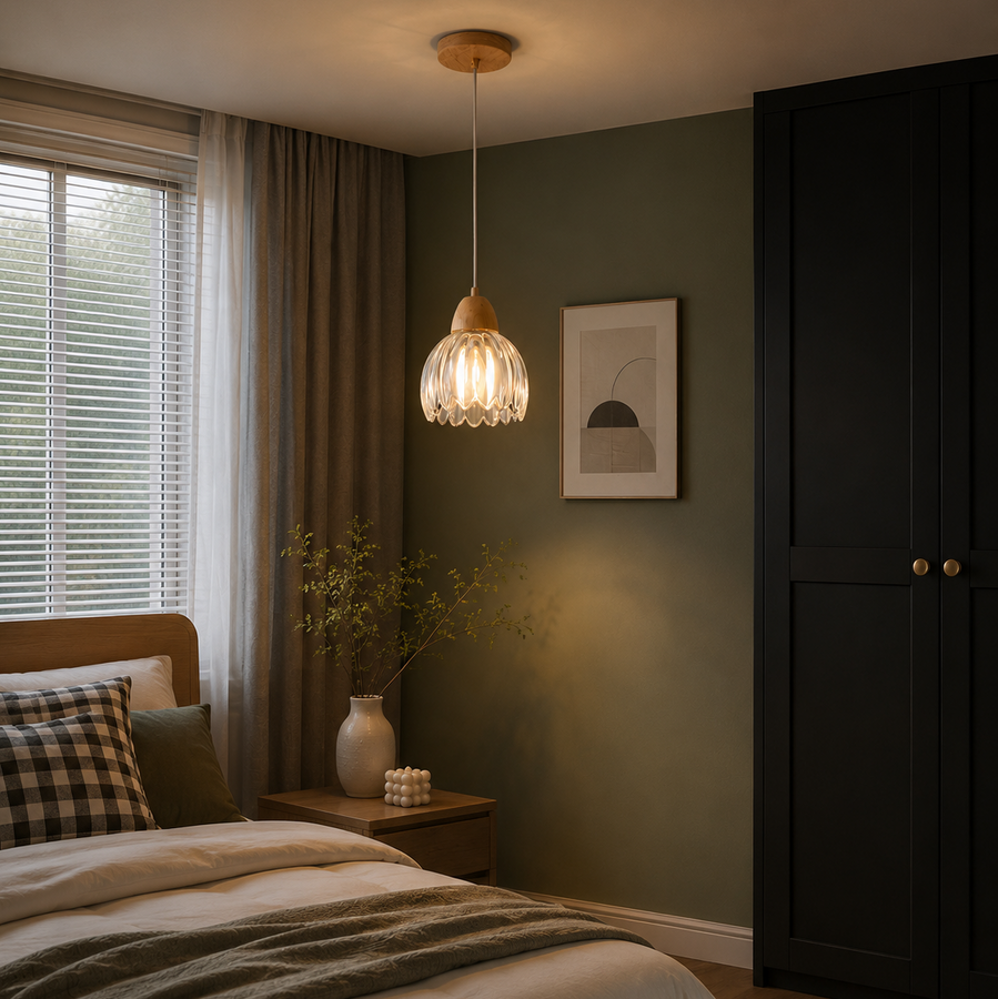 Suspension Cloche Verre Transparent et Bois Naturel - Cuisine Chambre Salon — Campanio