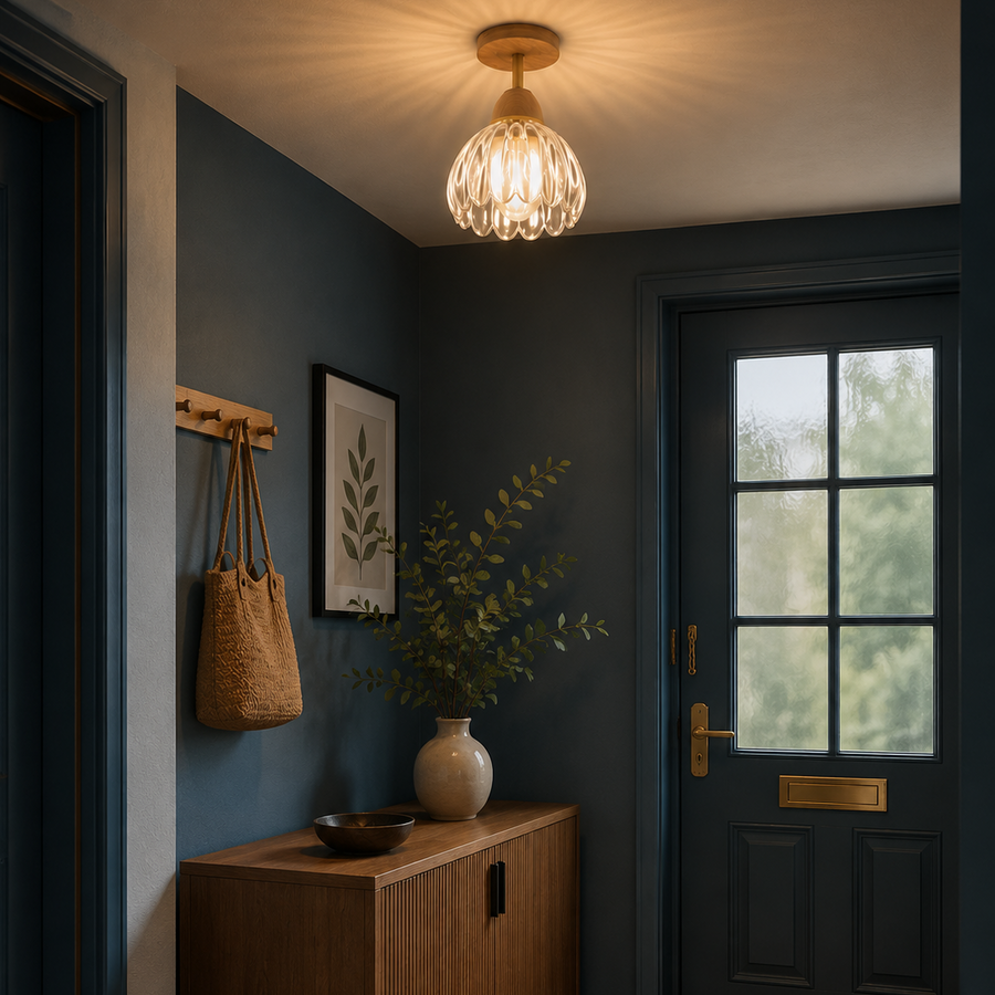 Suspension Cloche Verre Transparent et Bois Naturel - Cuisine Chambre Salon — Campanio