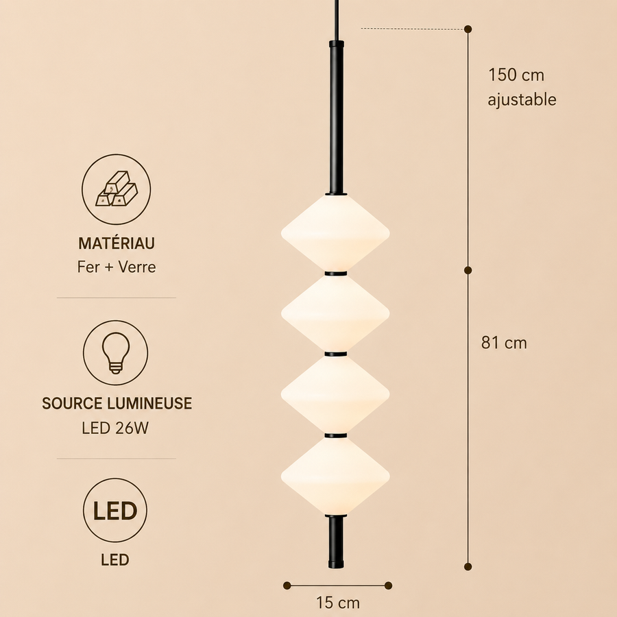 Suspension Géométrique Verre Opalin et Métal Noir - Chambre Salon Cuisine — Facetto