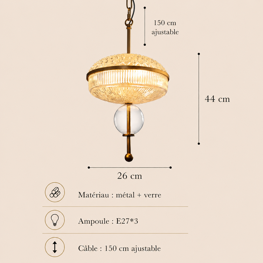 Suspension Sphère Verre Texturé et Laiton Doré Art Déco Boule - Salon Salle à Manger Chambre — Astro
