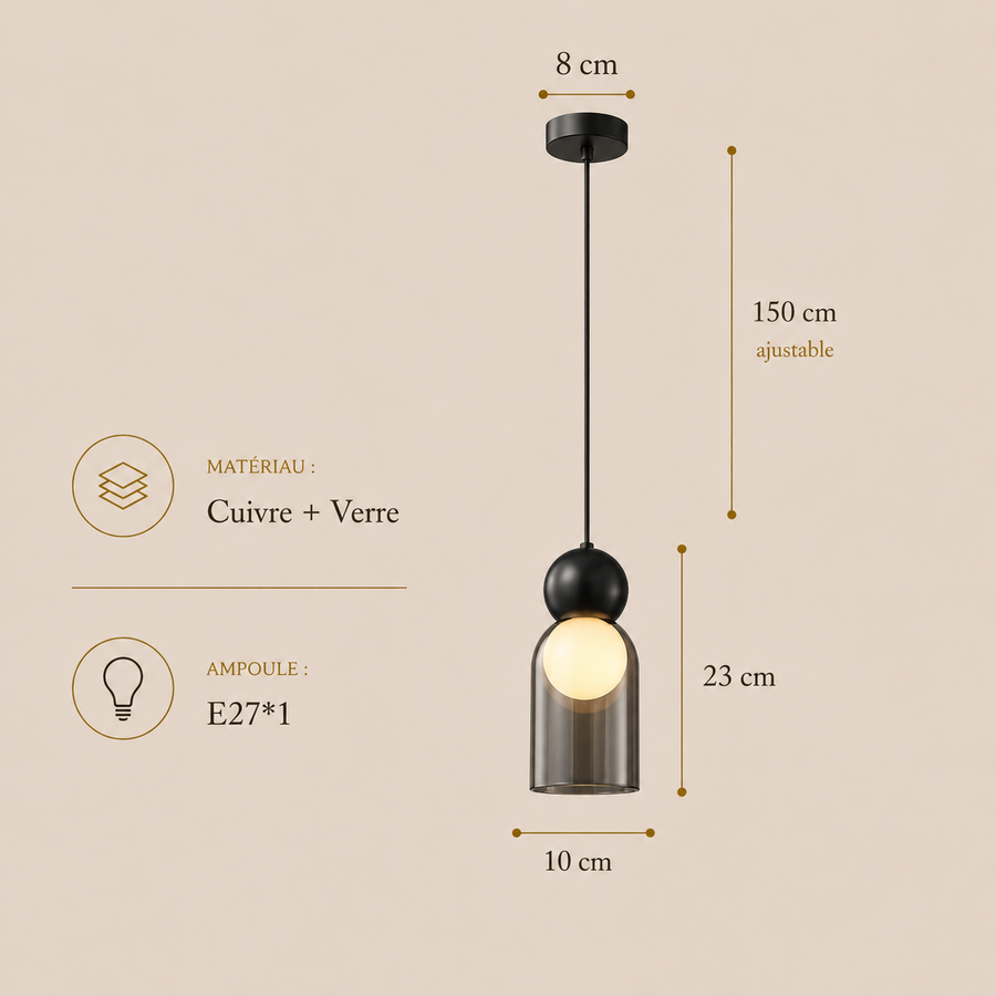Suspension Cylindre Verre Fumé et Métal Noir - Chambre Salon Cuisine — Denebola