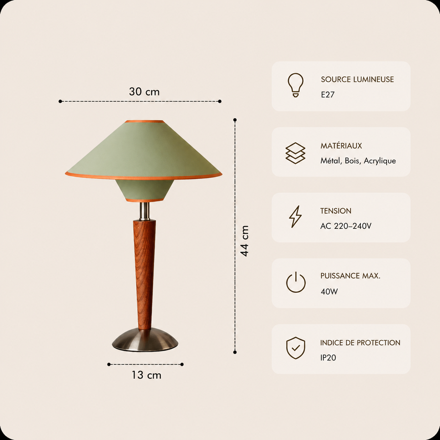 Lampe de Table Cône Tissu Vert et Bois - Chambre Bureau Salon — Cono
