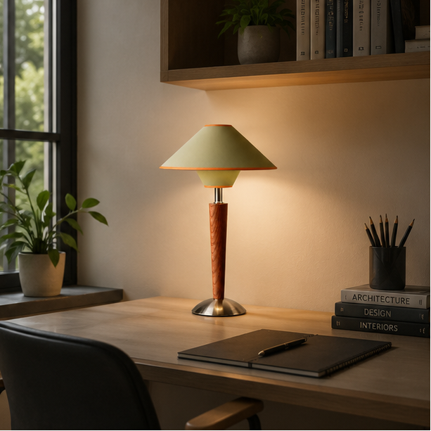 Lampe de Table Cône Tissu Vert et Bois - Chambre Bureau Salon — Cono