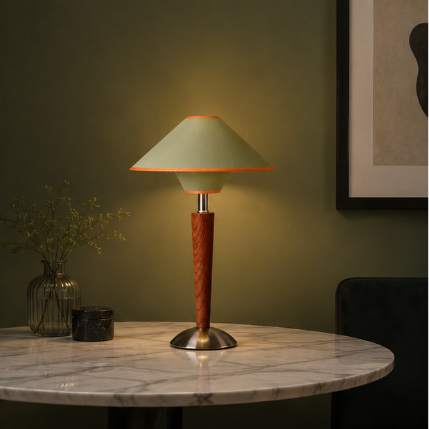 Lampe de Table Cône Tissu Vert et Bois - Chambre Bureau Salon — Cono