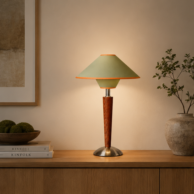 Lampe de Table Cône Tissu Vert et Bois - Chambre Bureau Salon — Cono