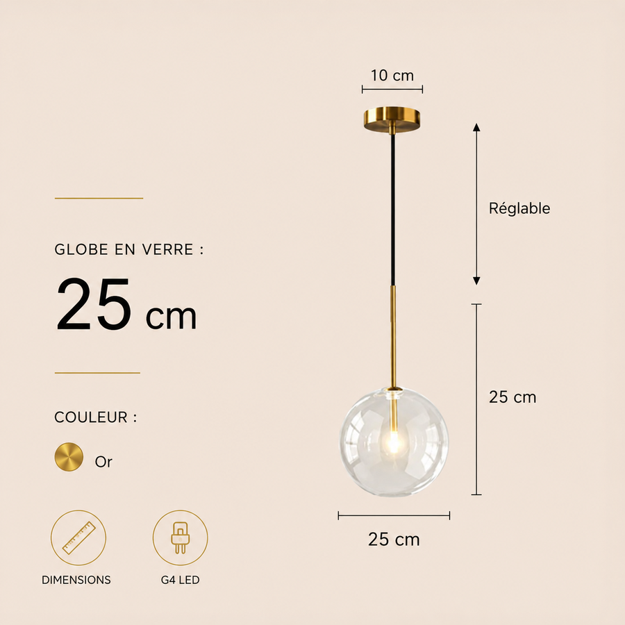 Suspension Sphère Verre Transparent et Laiton Minimaliste Design Boule - Cuisine Salon Salle à Manger — Acrux