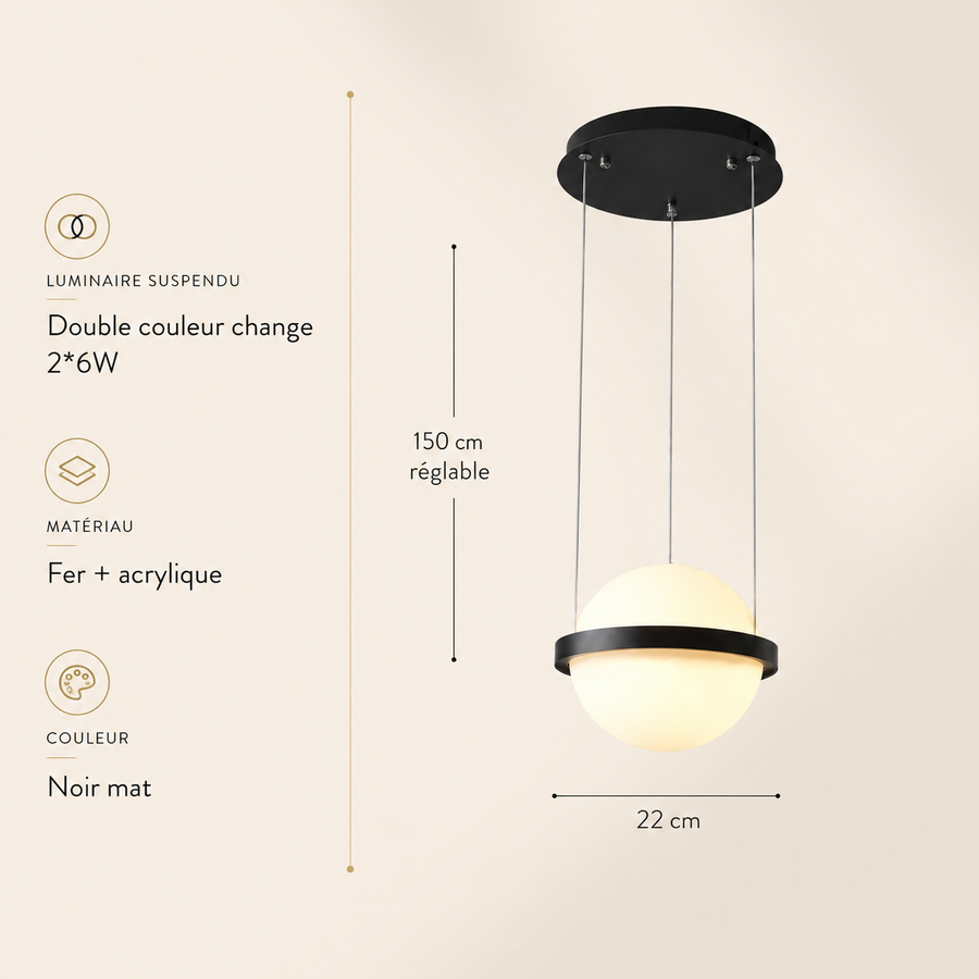 Suspension Sphère Verre Opalin et Métal Noir Mat Boule - Chambre Salon Cuisine — Celeste