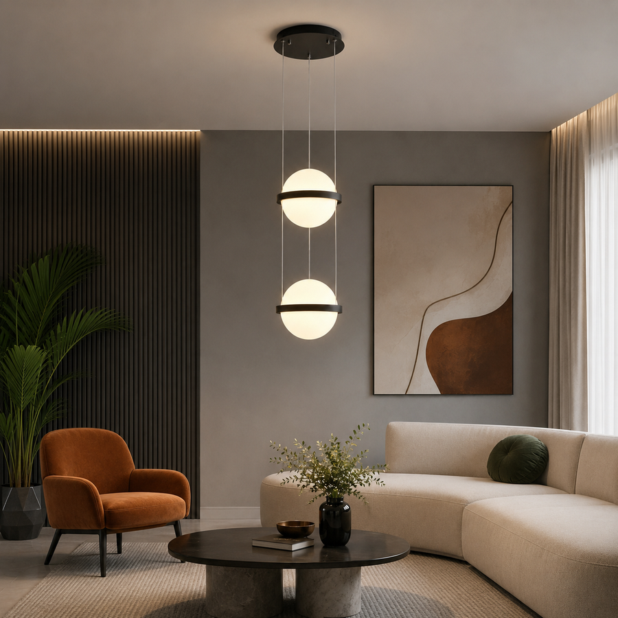 Suspension Sphère Verre Opalin et Métal Noir Mat Boule - Chambre Salon Cuisine — Celeste