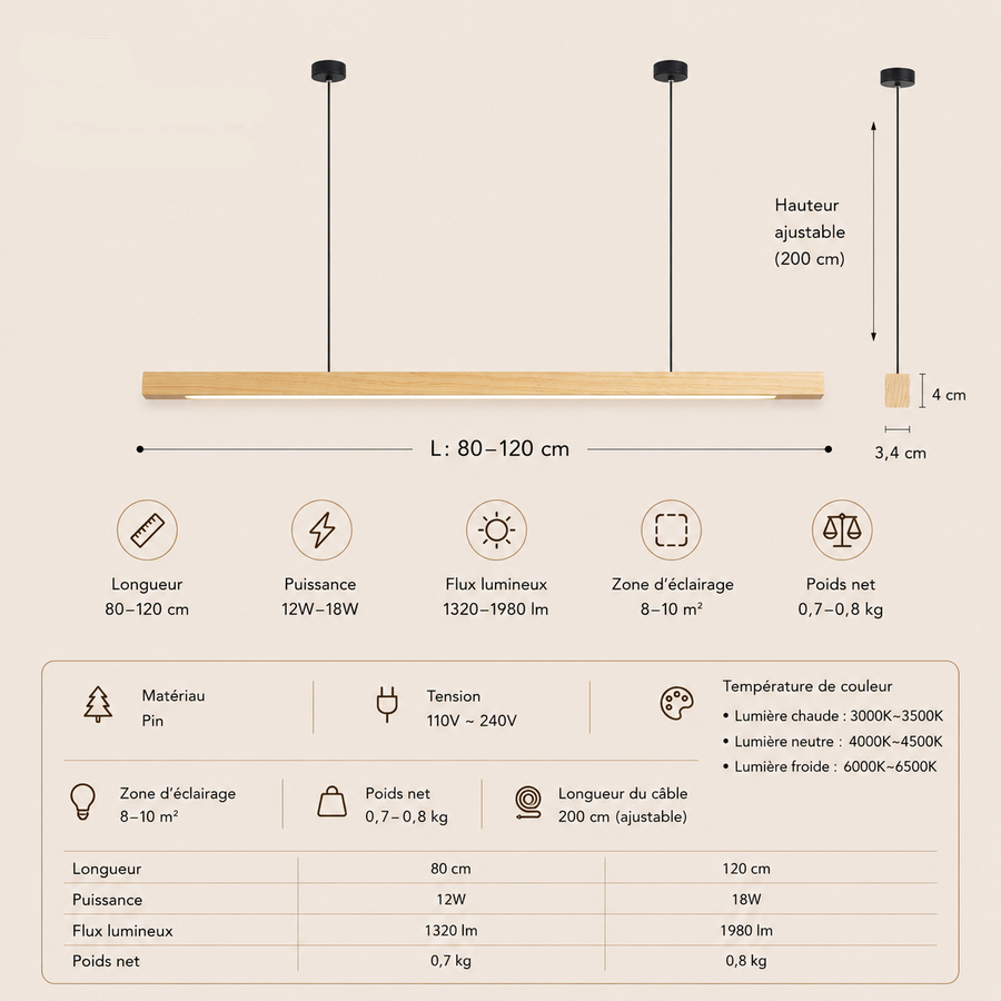 Suspension Barre Bois Naturel Minimaliste Design - Cuisine Chambre Salon — Linéo