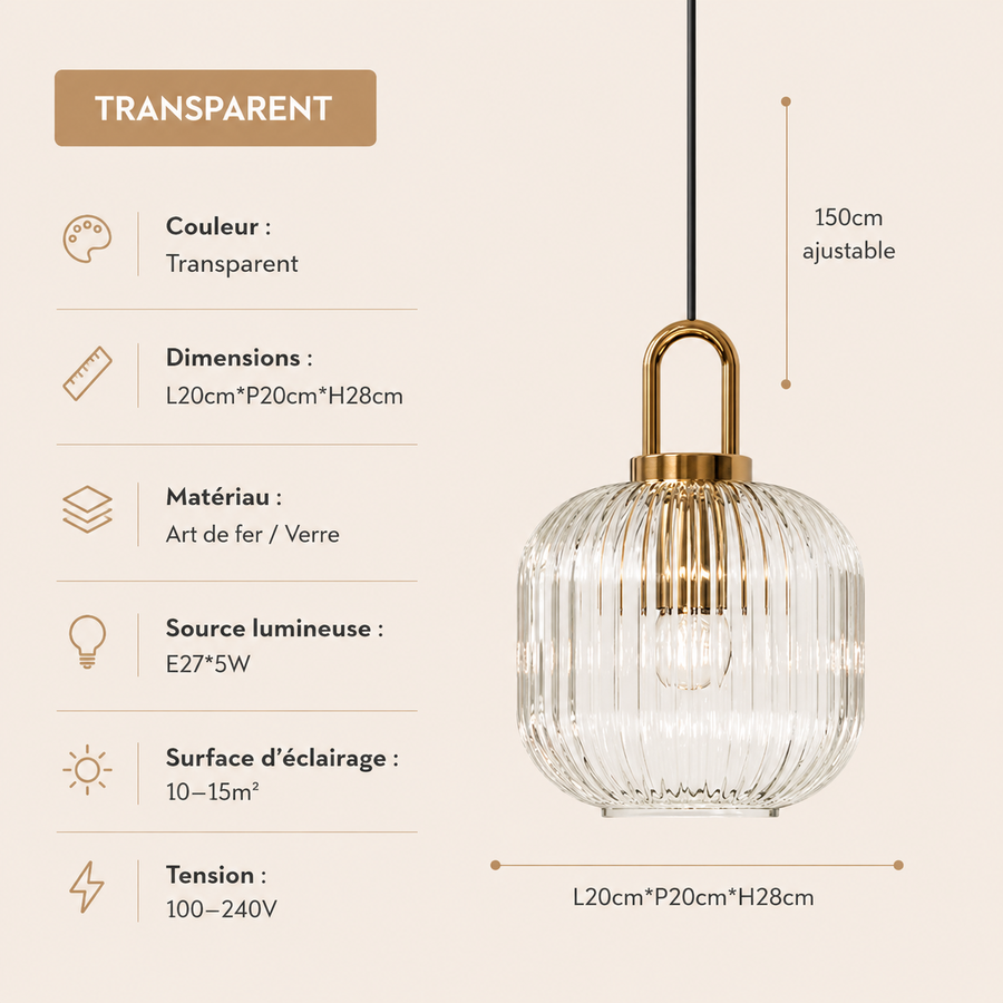 Suspension Cylindre Verre Strié et Laiton Doré - Chambre Salon Cuisine — Presto
