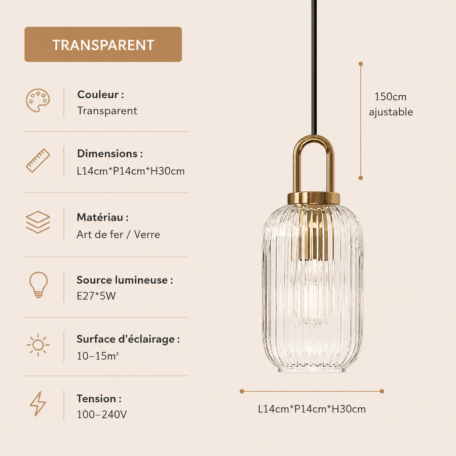 Suspension Cylindre Verre Strié et Laiton Doré - Chambre Salon Cuisine — Presto