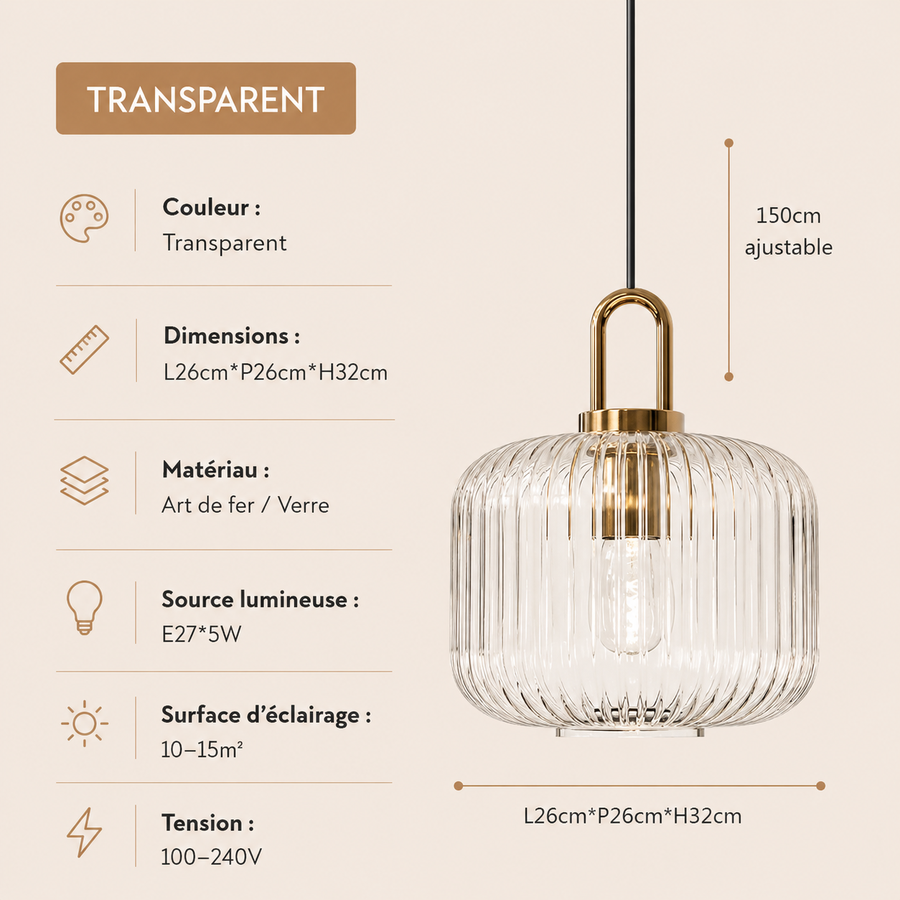 Suspension Cylindre Verre Strié et Laiton Doré - Chambre Salon Cuisine — Presto
