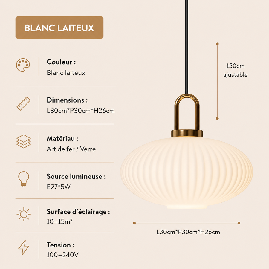 Suspension Cylindre Verre Strié et Laiton Doré - Chambre Salon Cuisine — Presto