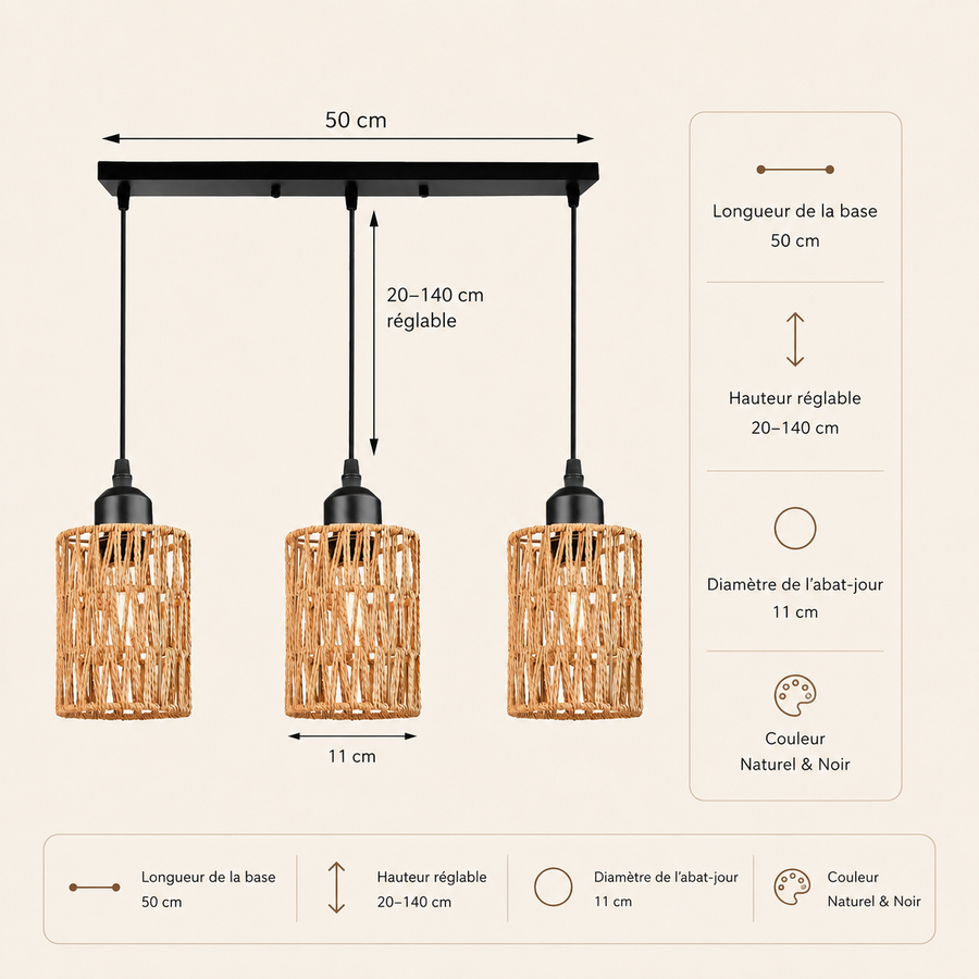 Suspension Rotin Tressé Naturel Cylindre Bohème - Cuisine Chambre Salon — Sono