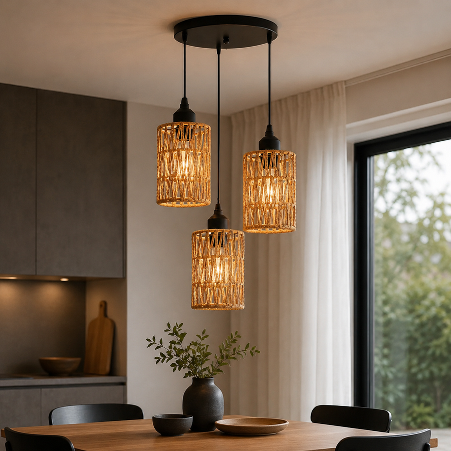 Suspension Rotin Tressé Naturel Cylindre Bohème - Cuisine Chambre Salon — Sono