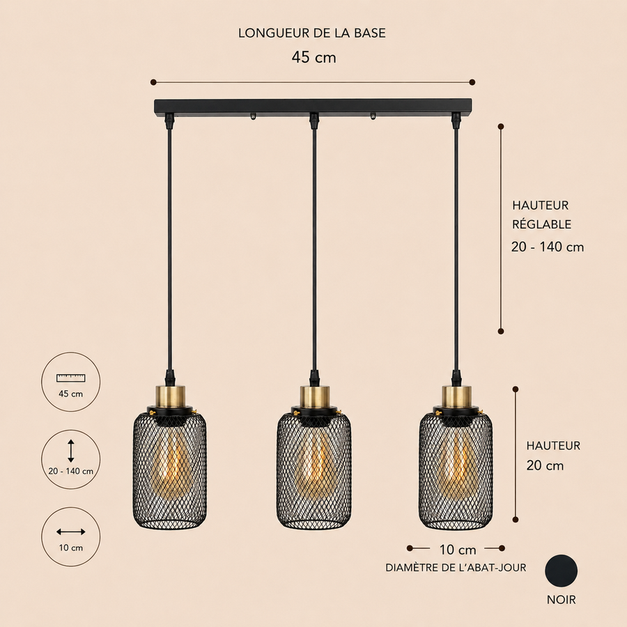 Suspension Cylindre Acier Noir Mat Industriel - Chambre Salon Cuisine — Vivo