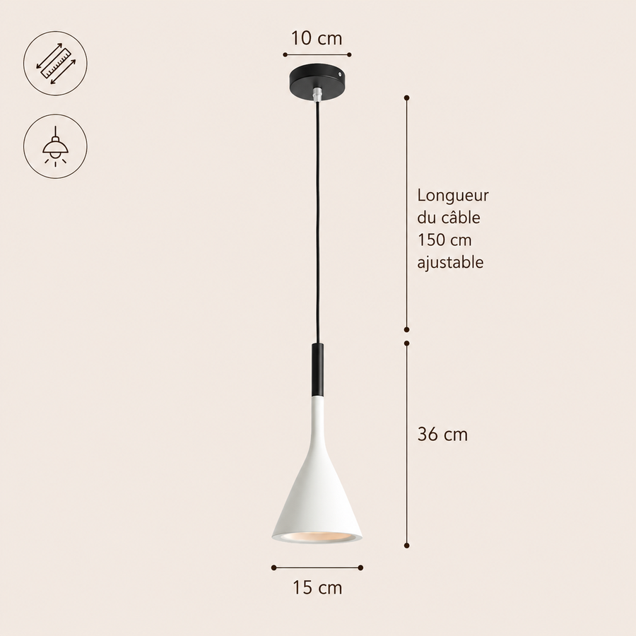 Suspension Cône Métal Noir Mat Minimaliste Design - Cuisine Salon Bureau — Effilé