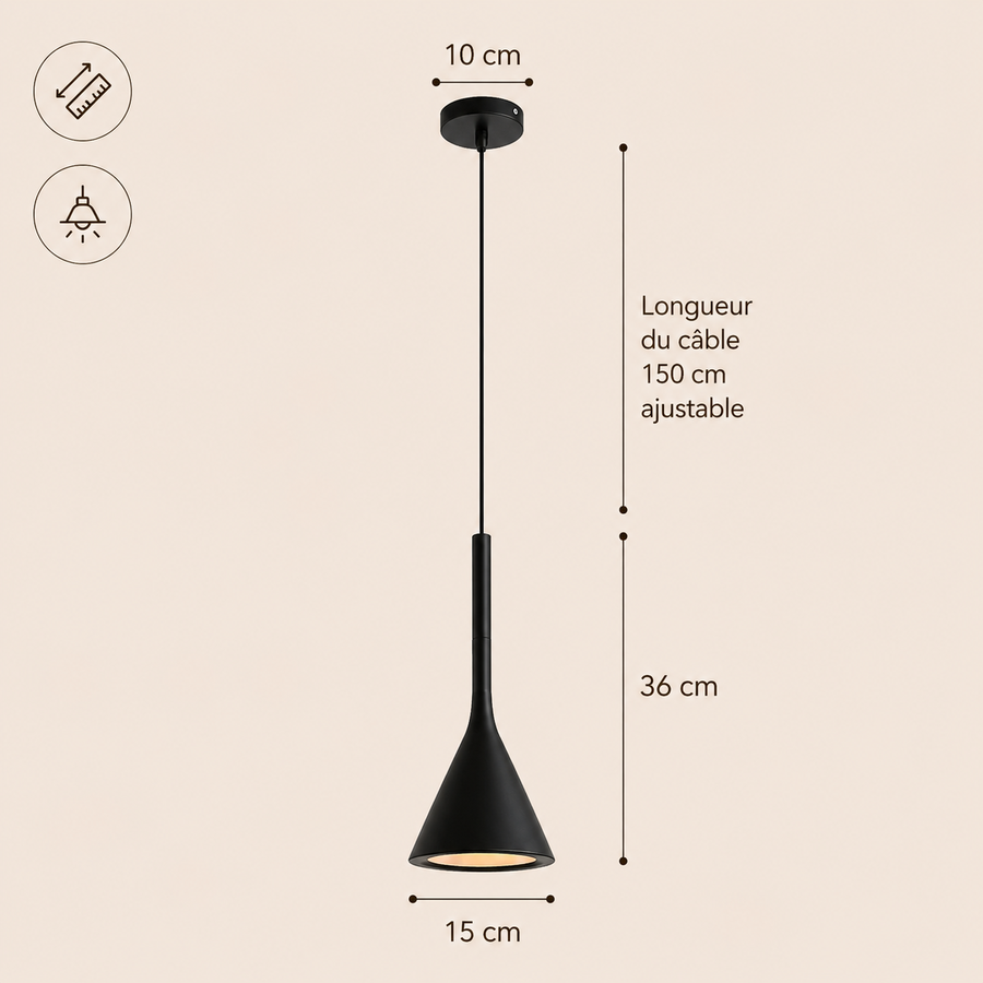 Suspension Cône Métal Noir Mat Minimaliste Design - Cuisine Salon Bureau — Effilé