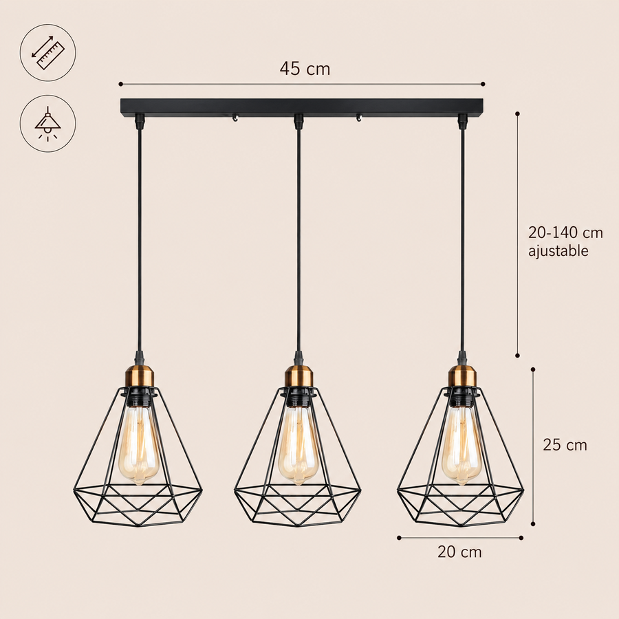 Suspension Cage Acier Noir et Laiton Doré Industriel Vintage - Cuisine Salon Bureau — Brux