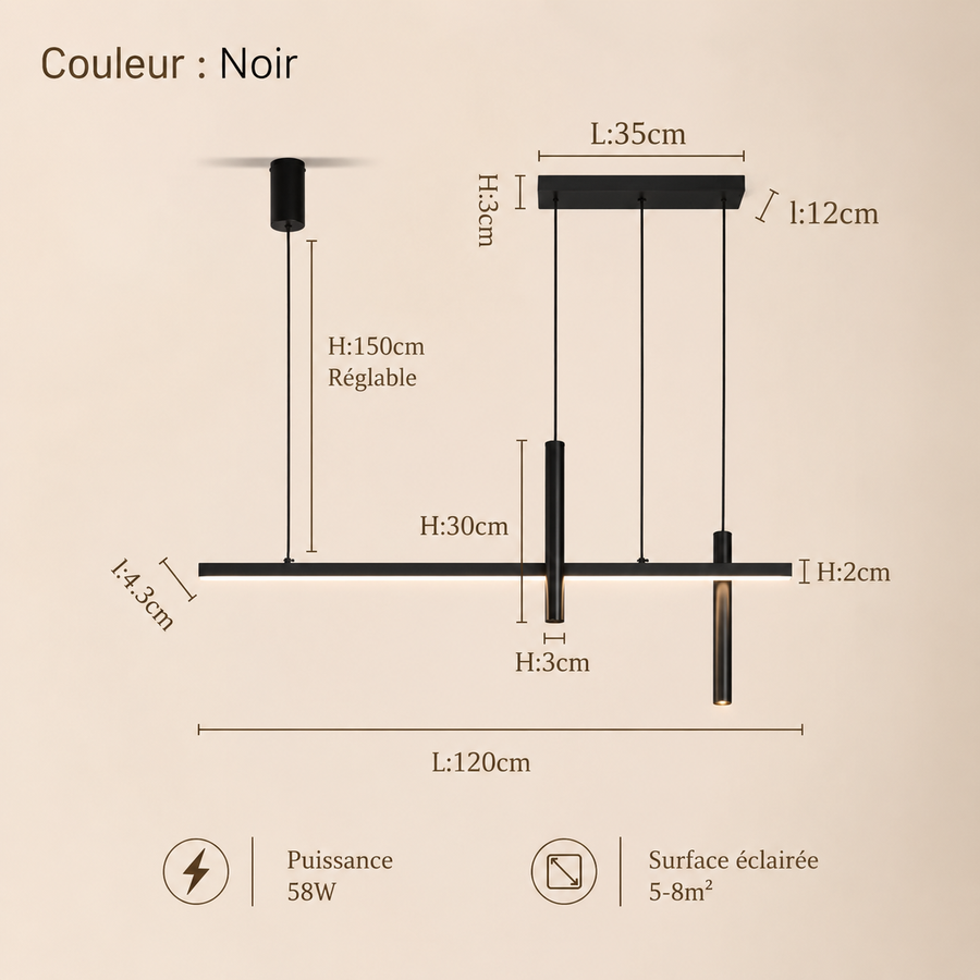 Suspension Linéaire Métal Noir Mat Minimaliste Design - Chambre Salon Cuisine — Traverse