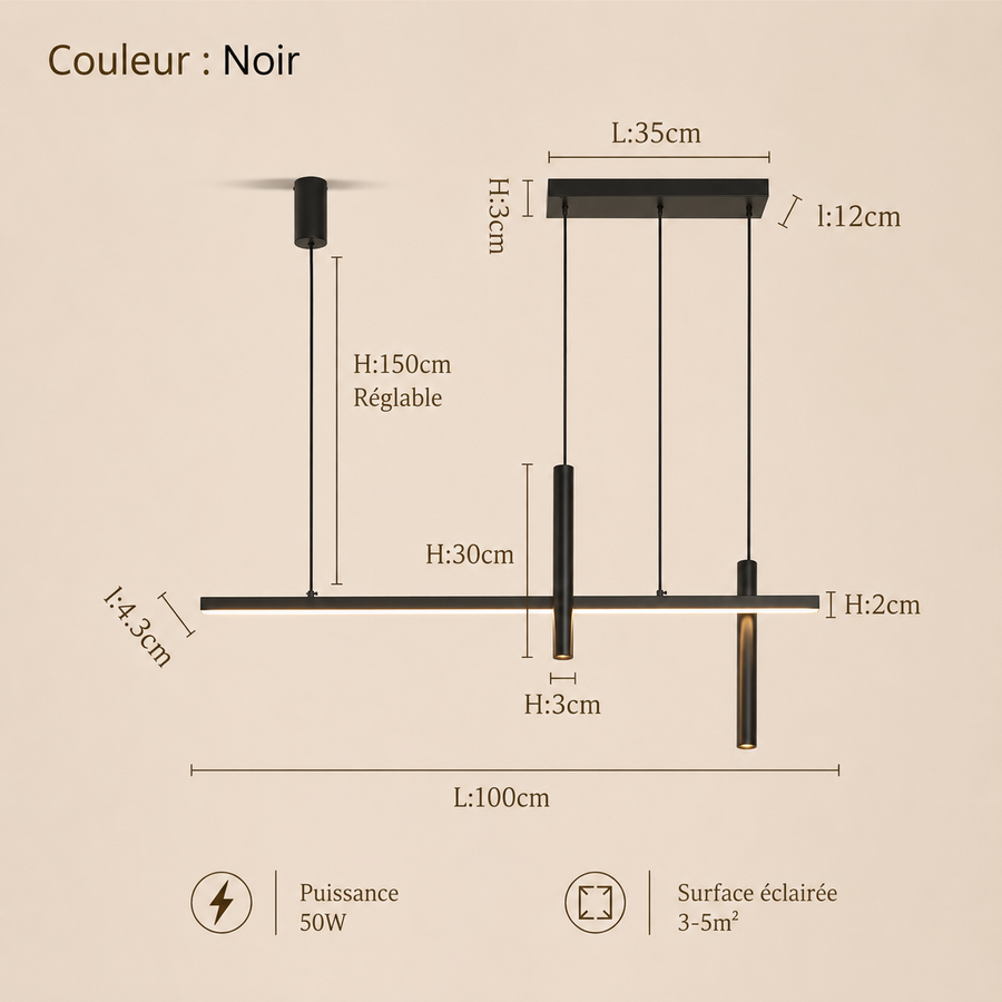 Suspension Linéaire Métal Noir Mat Minimaliste Design - Chambre Salon Cuisine — Traverse