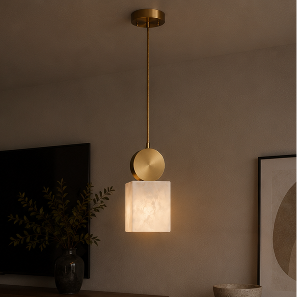 Suspension Cylindre Laiton et Albâtre Blanc Minimaliste Design - Chambre Salon Cuisine — Lucca