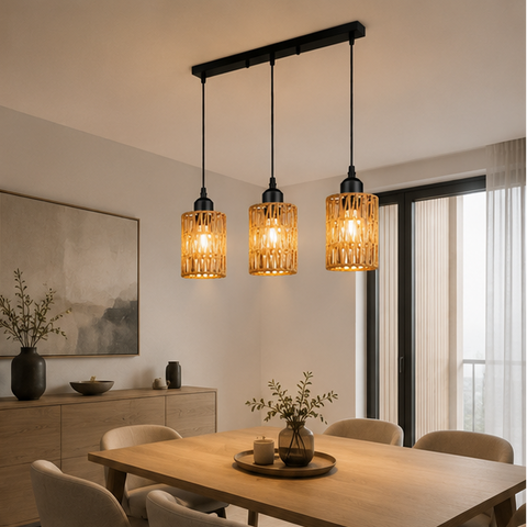 Suspension Rotin Tressé Naturel Cylindre Bohème - Cuisine Chambre Salon — Sono