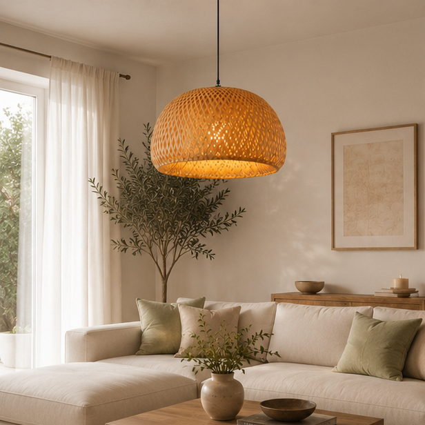 Suspension Dôme Bambou Tressé Naturel Épuré Design - Cuisine Chambre Salon — Adiza