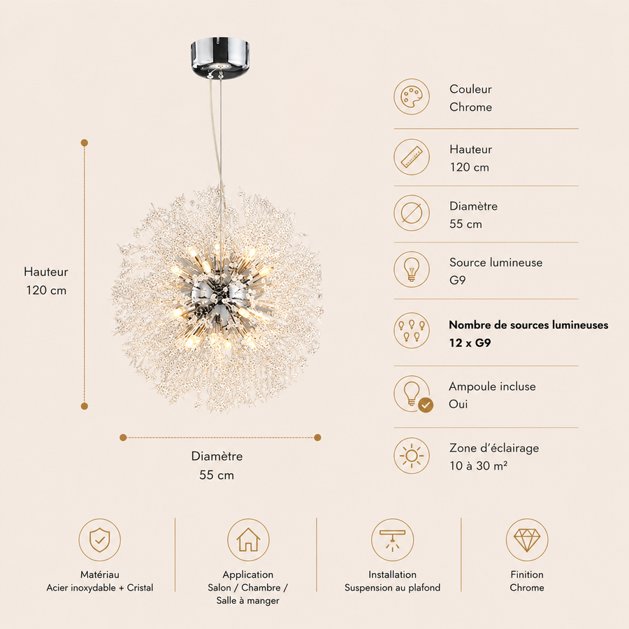 Lustre Suspension Sphère Cristal Étincelant et Métal Doré - Salon Salle à Manger — Novus